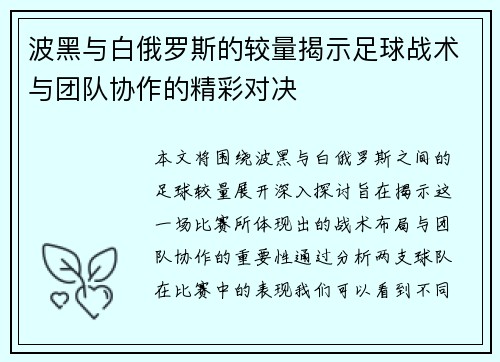 波黑与白俄罗斯的较量揭示足球战术与团队协作的精彩对决
